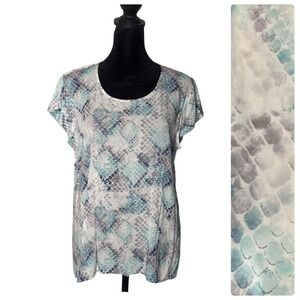 Cynthia Rowley‎ Animal Print Top Size L Blue Gray Short Sleeve Statement Piece